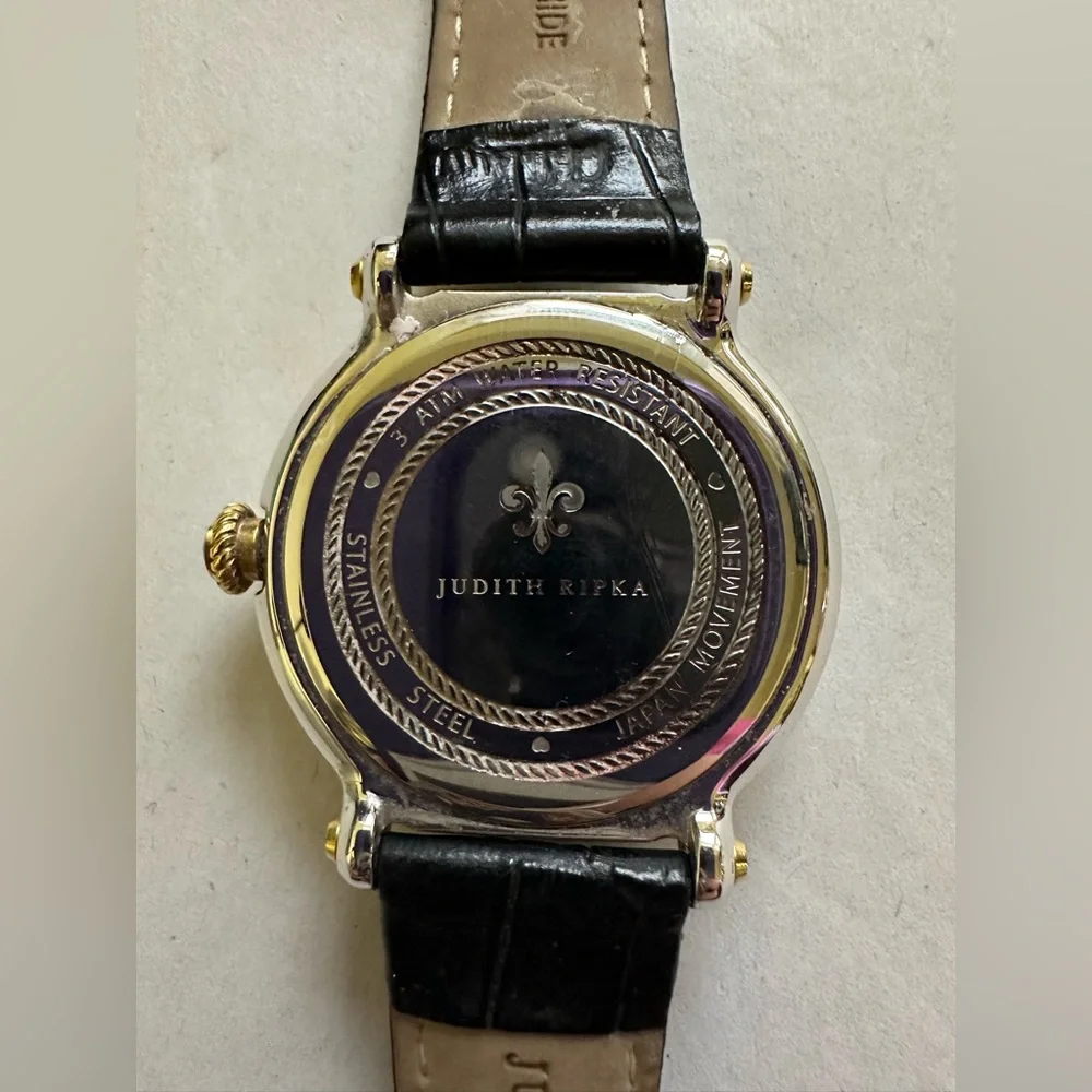 Judith Ripka Gold/Black Odyssey Diamonique Stainless Steel Leather Watch
